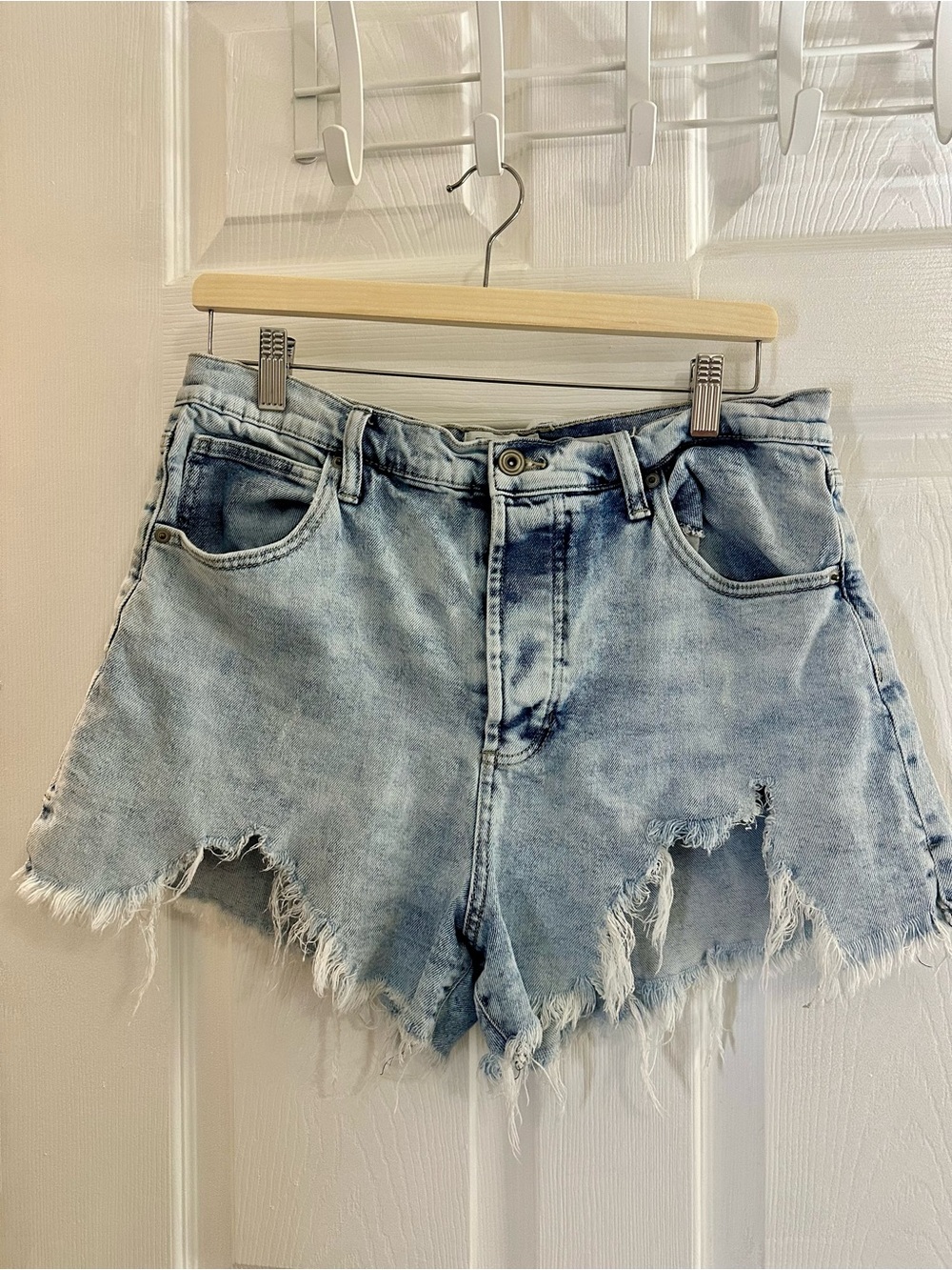 High-Rise Light Blue Frayed Denim Shorts for Women